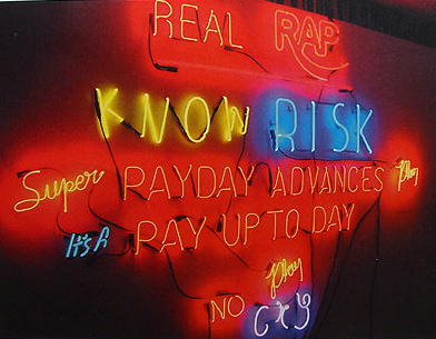 Image of neon sign by Jeffry Chiplis titled Real RAP, Know RISK